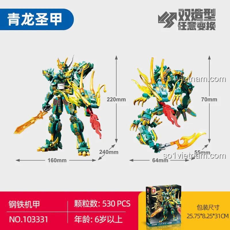 Hộp sản phẩm bộ lắp ghép SEMBO 103331 Robot Rồng Xanh Thánh Giáp, đồ chơi lắp ráp Mecha Rồng Xanh, hiển thị hai dạng robot và rồng, kích thước hộp và số chi tiết 530 mảnh ghép, phù hợp bé trai 6 tuổi