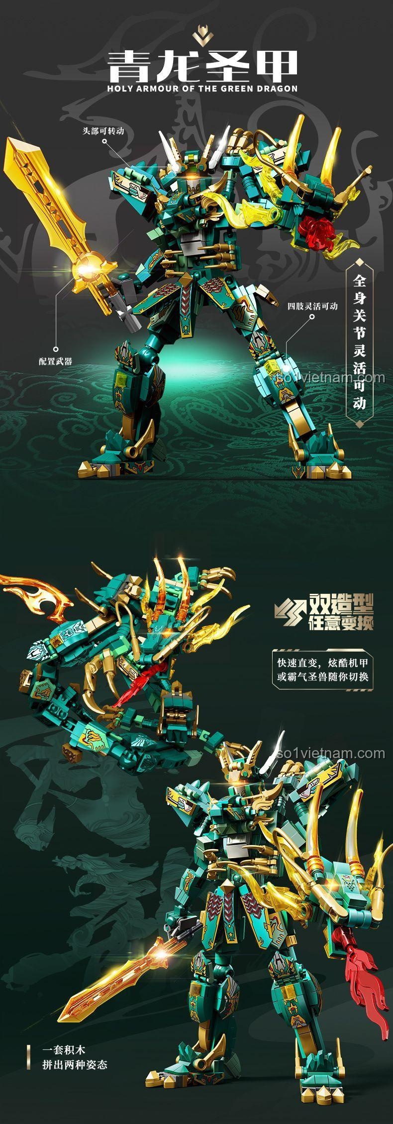 Chi tiết Robot Rồng Xanh Thánh Giáp SEMBO 103331, đồ chơi mô hình Robot Rồng Xanh với khớp nối linh hoạt, đầu có thể xoay, trang bị vũ khí kiếm vàng, phù hợp bé trai 6 tuổi, giá tốt