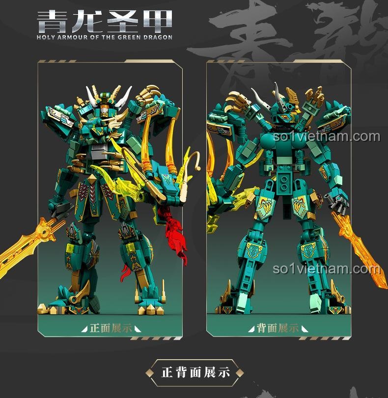 Chi tiết Rồng Xanh Biến Hình SEMBO 103331, bộ lắp ghép Mecha Rồng Xanh với thiết kế giáp vàng và xanh lá, thể hiện tư thế chiến đấu, đồ chơi lắp ráp cho bé trai 6 tuổi, chất lượng cao