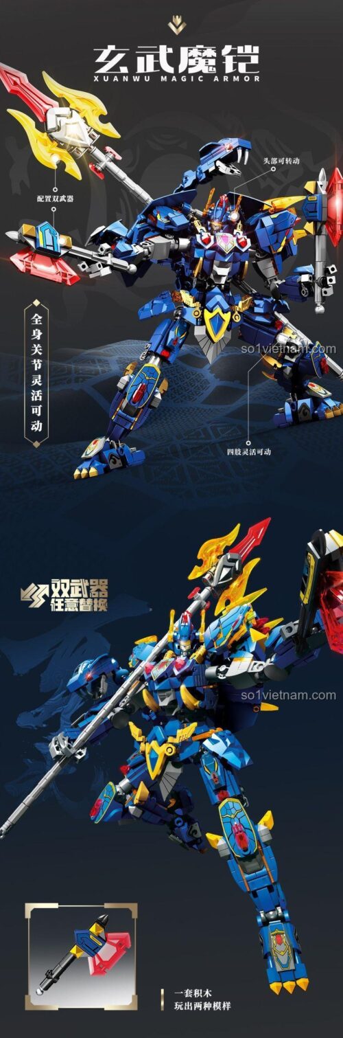 Đồ chơi mô hình SEMBO 103333 Robot Huyền Vũ Ma Khải với các khớp linh hoạt, đầu và tứ chi có thể cử động, kích thích sáng tạo cho bé trai 6 tuổi.