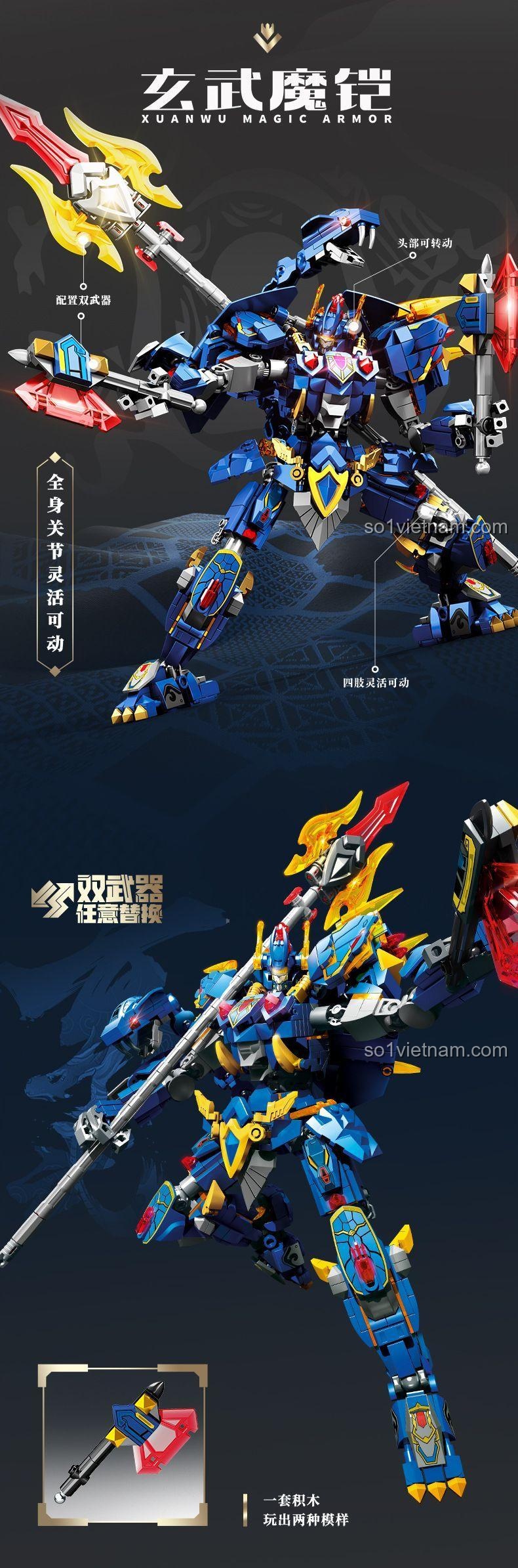 Đồ chơi mô hình SEMBO 103333 Robot Huyền Vũ Ma Khải với các khớp linh hoạt, đầu và tứ chi có thể cử động, kích thích sáng tạo cho bé trai 6 tuổi.