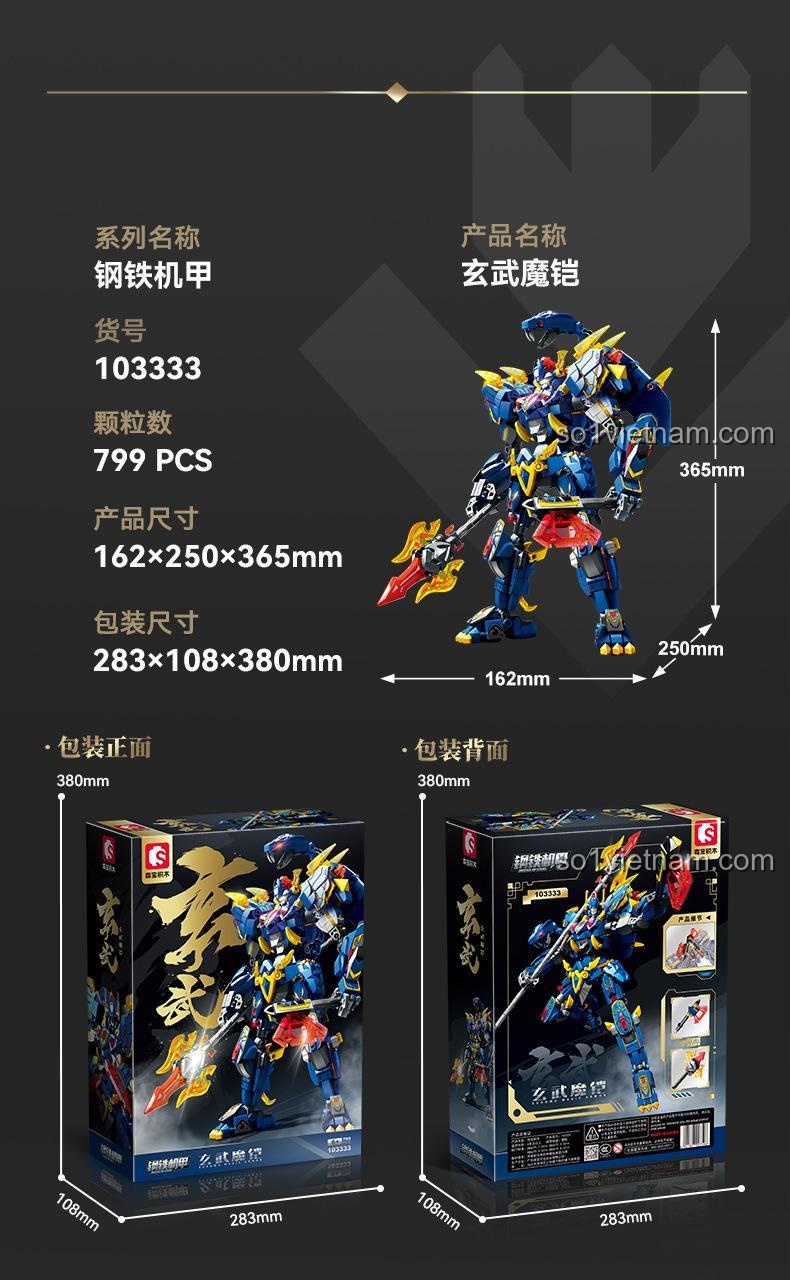 Hộp sản phẩm SEMBO 103333 Thiết Giáp Cơ Khí Huyền Vũ Ma Khải, hiển thị số chi tiết 799 mảnh, kích thước mô hình và hộp rõ ràng, đáng tiền cho bé trai 6 tuổi.