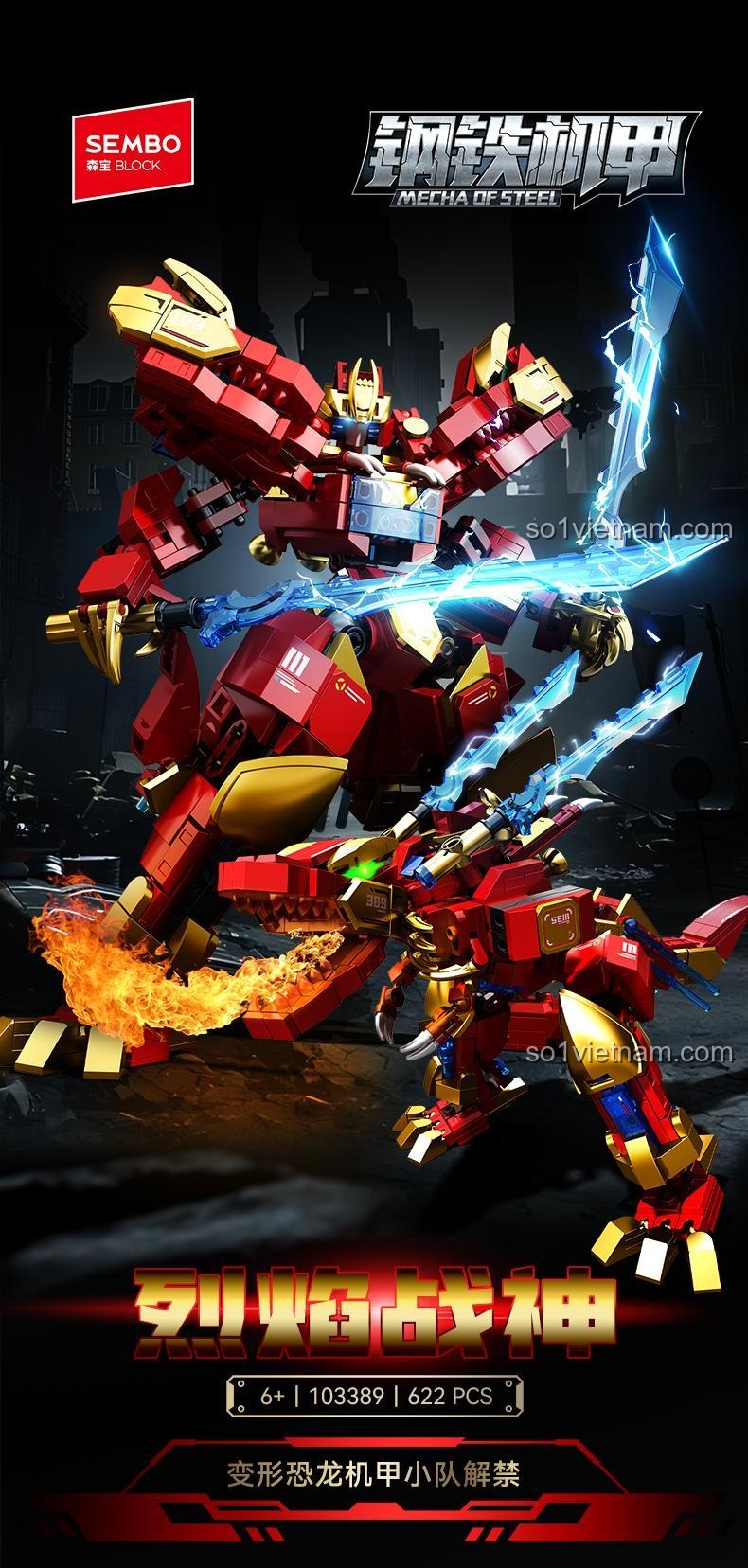 SEMBO 103389 Biến Hình Khủng Long Mecha - Liệt Hỏa Chiến Thần dạng Khủng long, đồ chơi lắp ghép robot biến hình cho bé trai 6 tuổi, 622 chi tiết