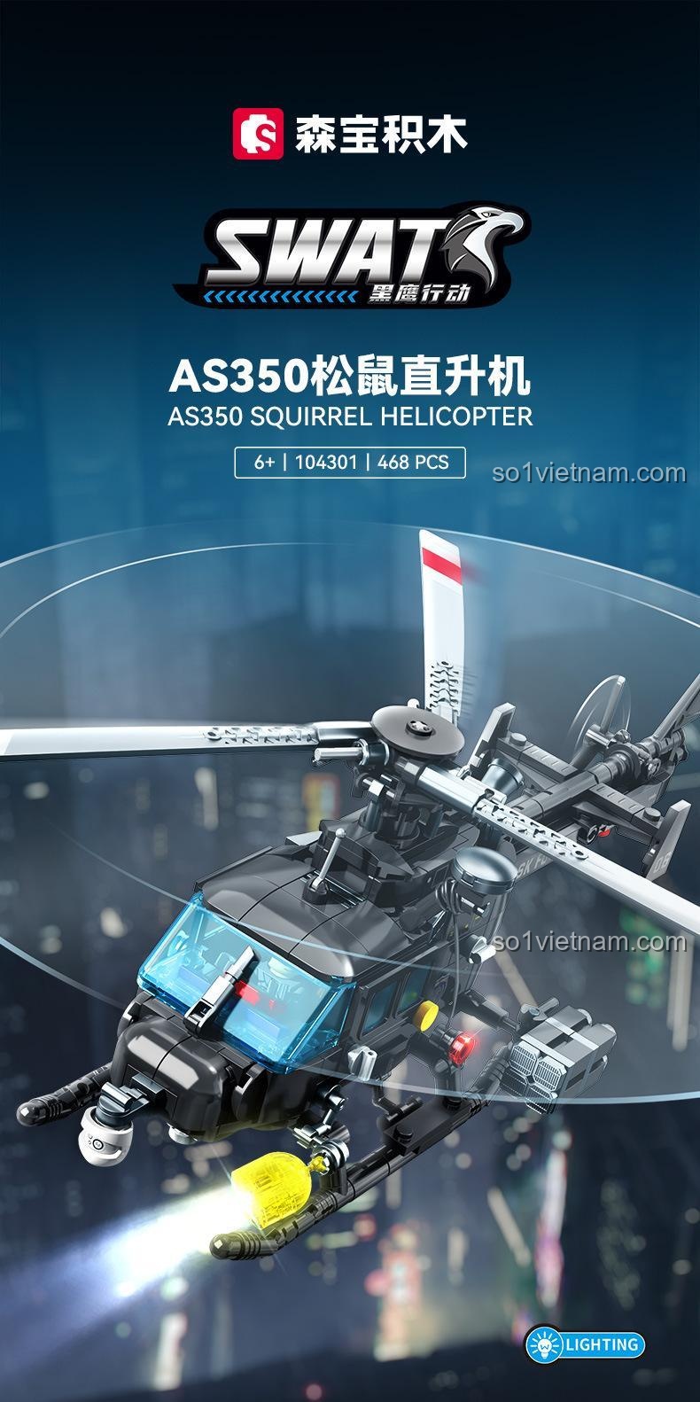 đồ chơi mô hình SEMBO Trực thăng AS350 Squirrel 104301, bộ xếp hình đặc nhiệm SWAT có đèn LED, phù hợp bé trai 6 tuổi
