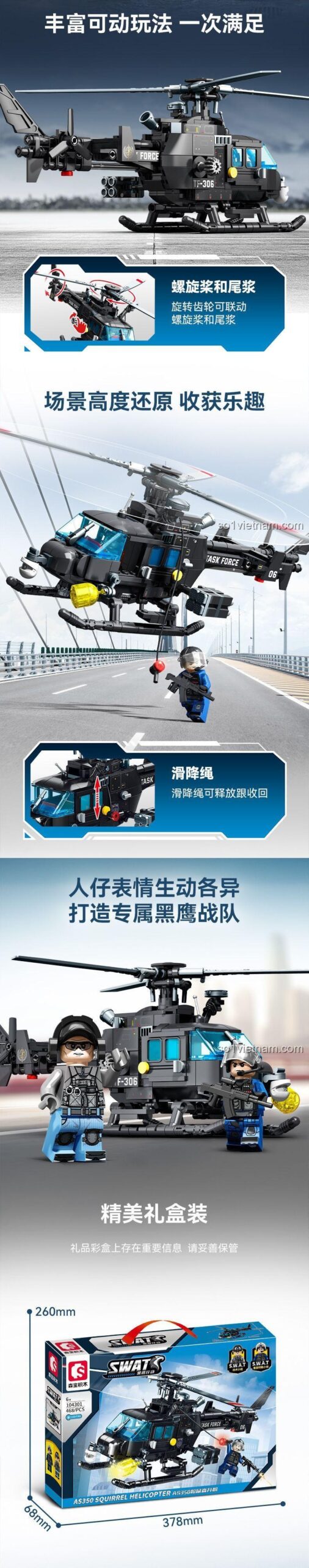 tính năng dây trượt, cánh quạt xoay của bộ lắp ghép SEMBO 104301 Trực thăng AS350 Squirrel, đồ chơi mô hình bé trai 6 tuổi