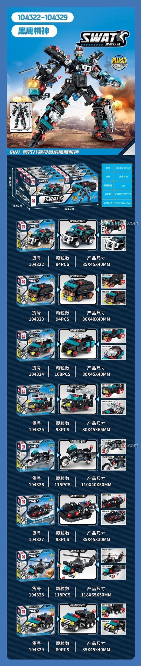 Đồ chơi lắp ráp Robot Biến Hình SEMBO 104322-104329, chi tiết các mẫu xe cảnh sát quân sự, kích thước từng hộp nhỏ, phát triển tư duy cho bé trai 6 tuổi.
