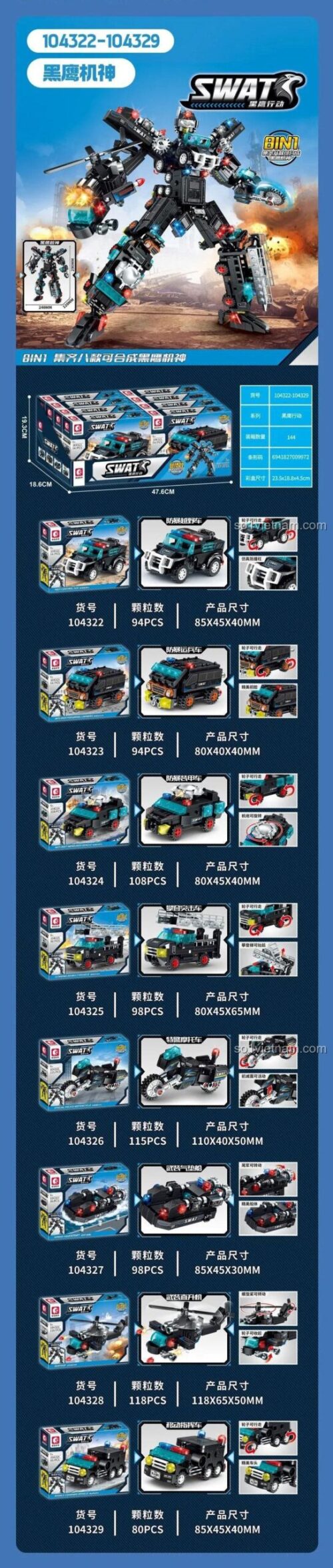 Robot Biến Hình Black Hawk SEMBO 104322-104329, đồ chơi xây dựng 8 mẫu xe cảnh sát biến hình thành robot khổng lồ, phát triển tư duy cho bé trai 6 tuổi.