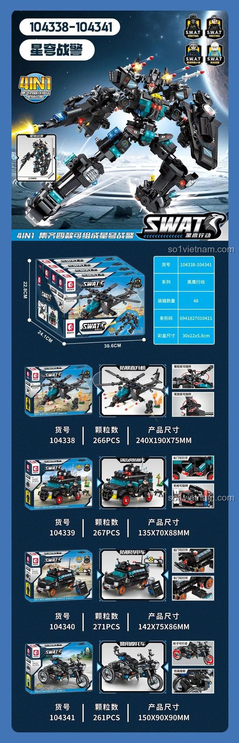 Đồ chơi lắp ráp Robot Biến Hình SWAT 104338-104341 SEMBO, thể hiện 4 mẫu lắp được và kích thước chi tiết từng xe cho bé trai 6 tuổi.