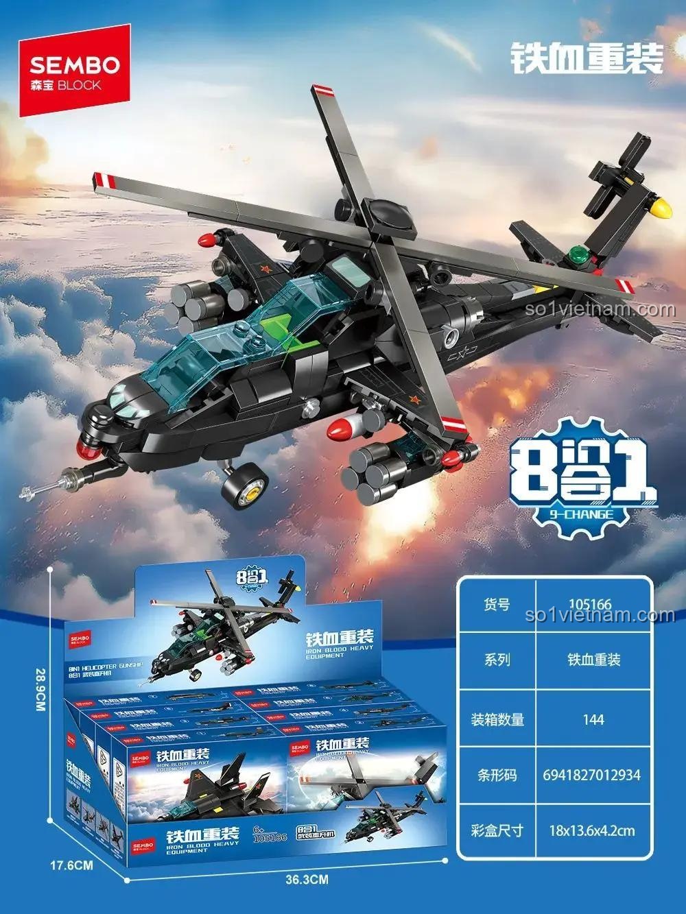bộ xếp hình SEMBO 105166 đồ chơi lắp ráp Trực thăng vũ trang giá rẻ cho bé trai 6 tuổi