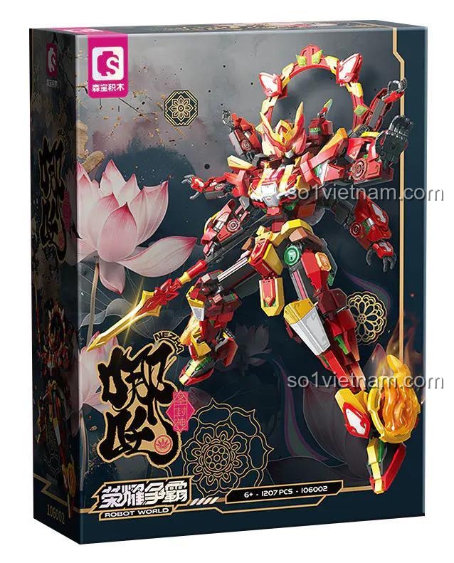 Hộp sản phẩm bộ lắp ghép SEMBO 106002 Nezha - Thánh Phong Thần, mô tả chi tiết mô hình robot Nezha, 1207 mảnh ghép, độ tuổi 6+.