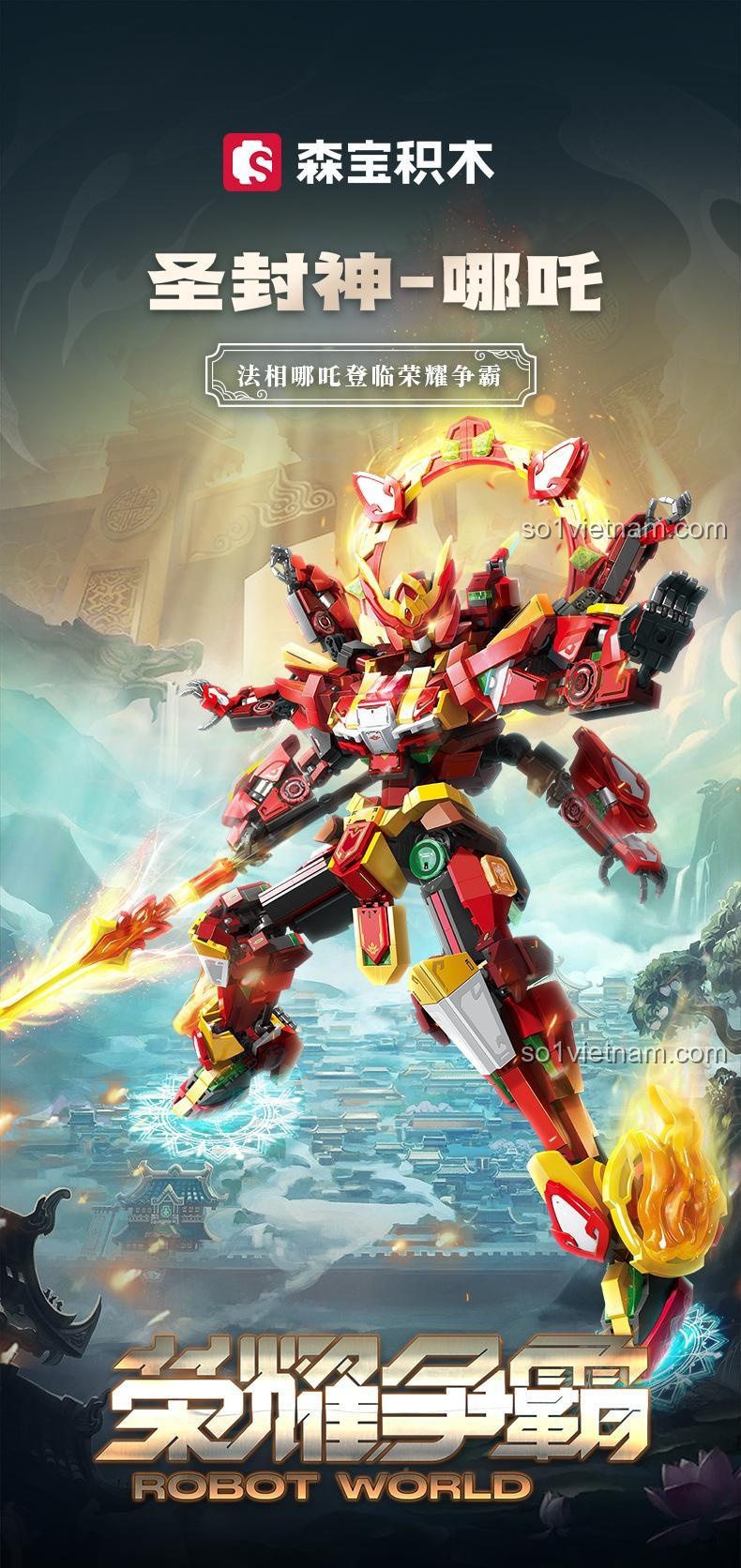 Mô hình Nezha - Thánh Phong Thần SEMBO 106002 trong bối cảnh chiến đấu, thể hiện sức mạnh và sự linh hoạt của robot.