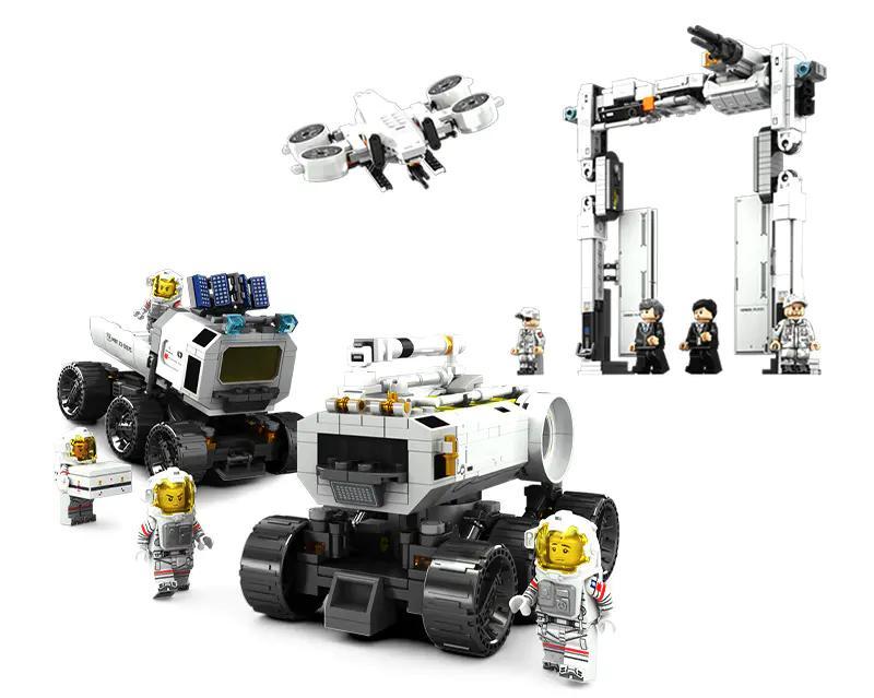 Toàn cảnh bộ sưu tập đồ chơi mô hình Sembo 107107 và các mẫu khác trong series Địa Cầu Lưu Lạc 2, phù hợp cho con trai 6 tuổi yêu thích không gian.