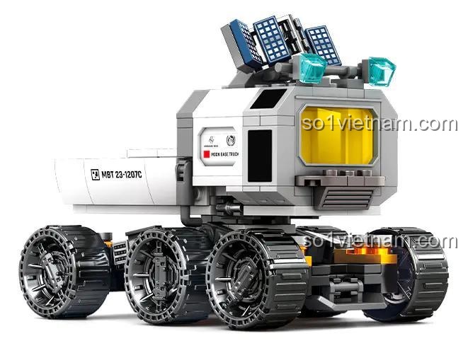 Hộp sản phẩm đồ chơi xếp hình Sembo 107107 Xe Vận Tải Mặt Trăng, thể hiện rõ kích thước mô hình 12.9x8.3x10.3cm và số lượng 277 mảnh ghép.