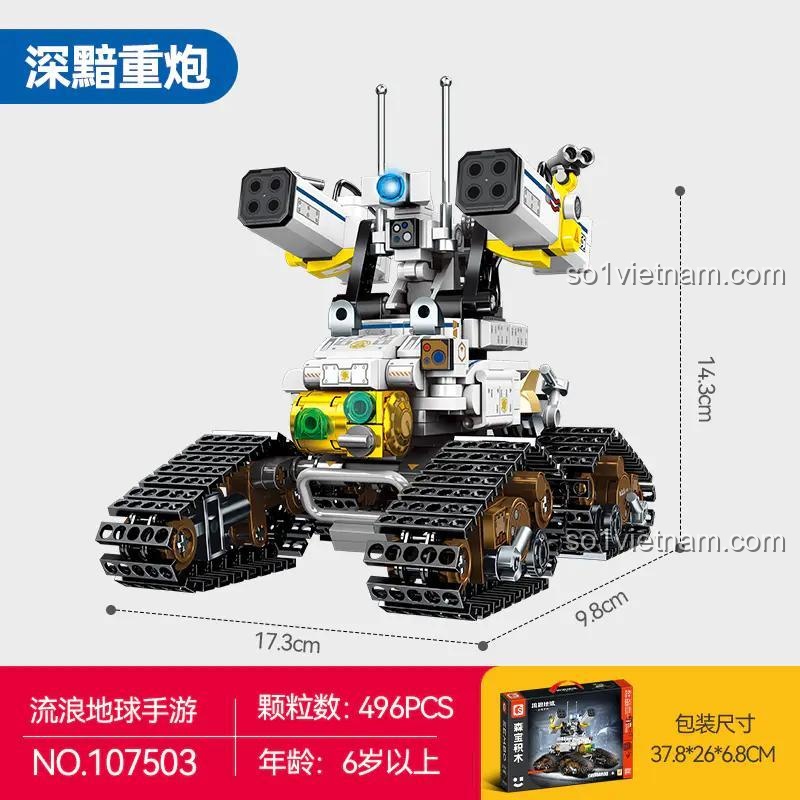 Kích thước chi tiết của bộ lắp ráp Sembo 107503 Xe tăng tự hành The Wandering Earth, chất lượng cao.