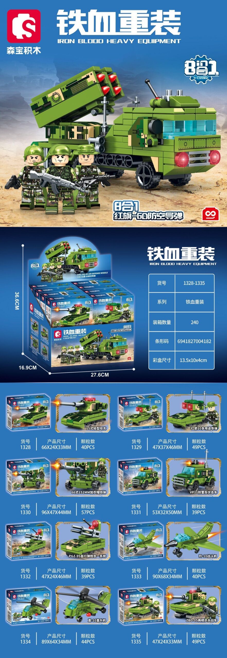 SEMBO 1328-1335, đồ chơi mô hình quân sự, có 3 minifigures lính, chi tiết cao.