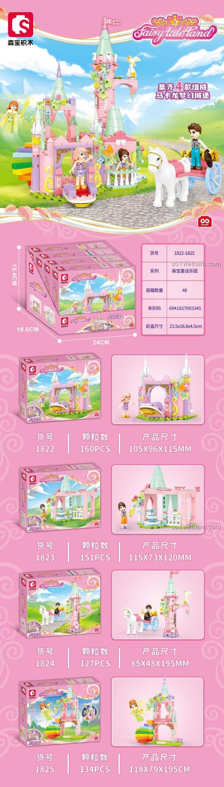 Chi tiết kích thước và các mẫu trong bộ sưu tập đồ chơi mô hình Lâu đài cổ tích màu hồng Sembo 1825.
