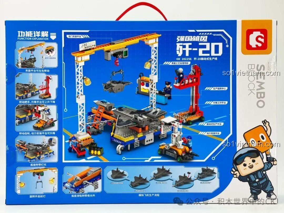 Mặt sau hộp Sembo 202256 hiển thị các chức năng chính của mô hình Dây Chuyền Sản Xuất Máy Bay J-20 và cơ chế hoạt động.