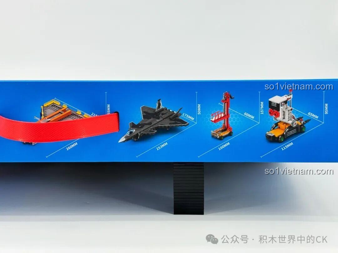 Kích thước chi tiết của các mô hình trong bộ lắp ghép Sembo 202256 Dây Chuyền Sản Xuất Máy Bay J-20, giúp người mua dễ hình dung.