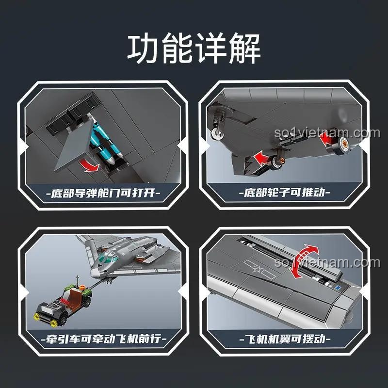 Đồ chơi mô hình Máy bay ném bom H-20 SEMBO 202272 với các tính năng: cửa khoang tên lửa mở, bánh xe di chuyển, xe kéo, cánh máy bay lắc lư, phù hợp bé trai 6 tuổi.