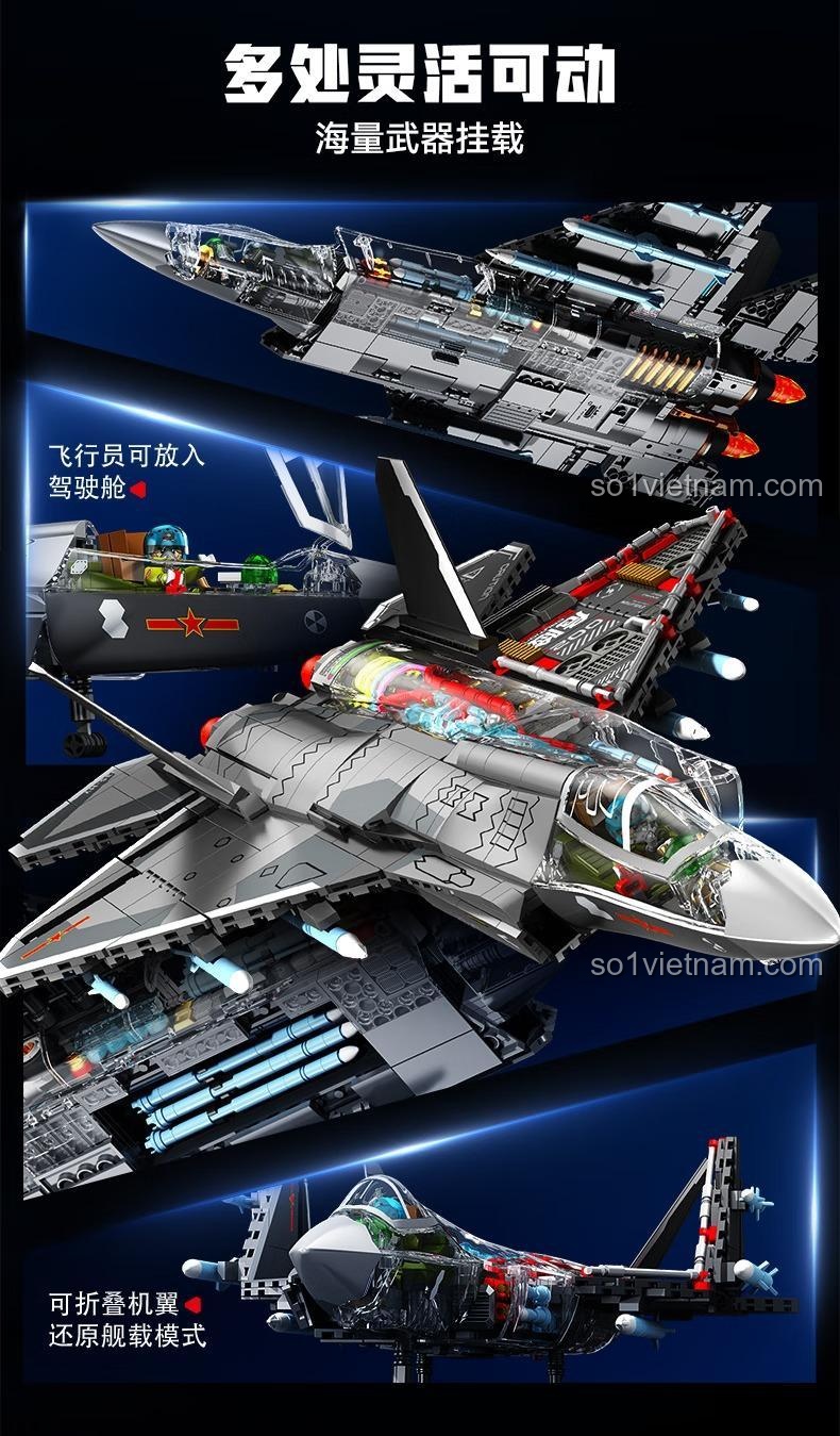 Các bộ phận linh hoạt của bộ xếp hình 202274, Máy bay chiến đấu tàng hình J-35 SEMBO, treo vũ khí lớn, cho bé trai 6 tuổi