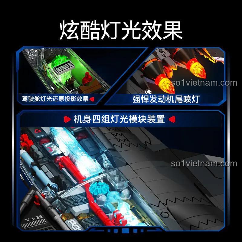 Hiệu ứng ánh sáng rực rỡ của bộ xếp hình Máy bay chiến đấu tàng hình J-35, đồ chơi lắp ráp 202274, đèn LED động cơ 4 màu, cho bé trai 6 tuổi