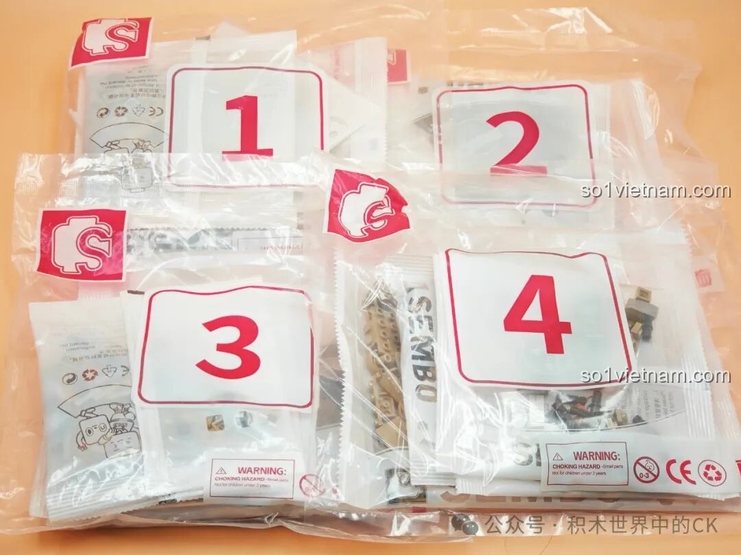 Các túi mảnh ghép được đánh số rõ ràng từ 1 đến 4 của bộ đồ chơi lắp ráp SEMBO 203170 Chiến Binh Ám Nguyên.