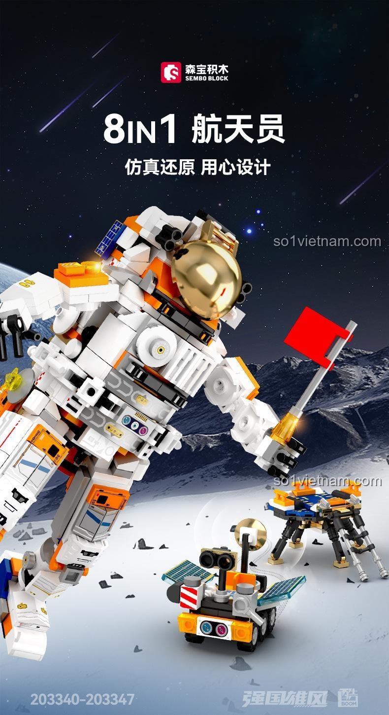 Chi tiết mô hình phi hành gia 203340, bộ lắp ghép Phi hành gia vũ trụ SEMBO Block, đồ chơi không gian 340, cho bé trai 6 tuổi