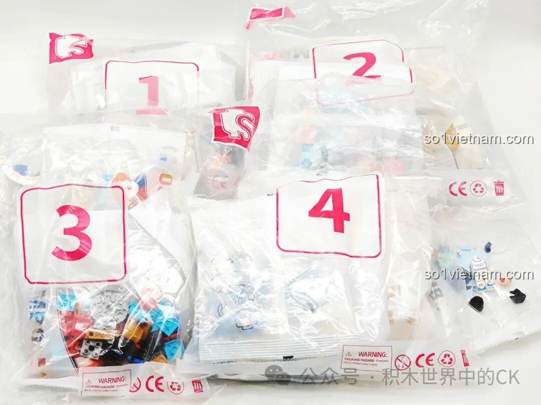 Các túi mảnh ghép được đánh số thứ tự của bộ Sembo 203365 Tên lửa Vận tải Trường Chinh 5, giúp bé dễ dàng phân loại và lắp ráp