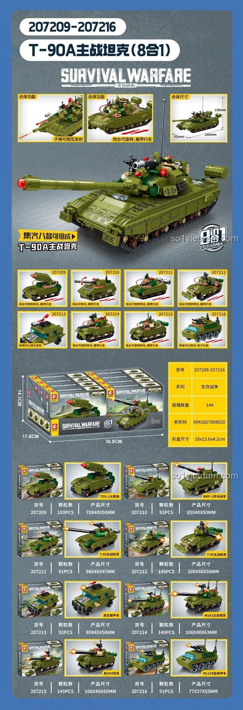 Mô hình Xe Tăng Chủ Lực T-90A SEMBO 207216, thể hiện 8 mẫu lắp ráp và kích thước chi tiết, đồ chơi mô hình giá rẻ cho bé trai.