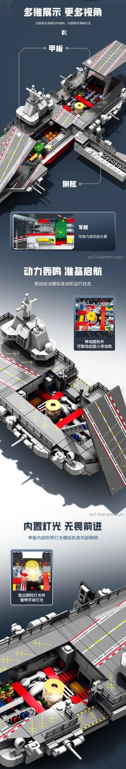 Đồ chơi mô hình Tàu Sân Bay Phúc Kiến SEMBO 208039 có đèn LED và động cơ liên kết, bộ lắp ghép cho bé trai 6 tuổi.
