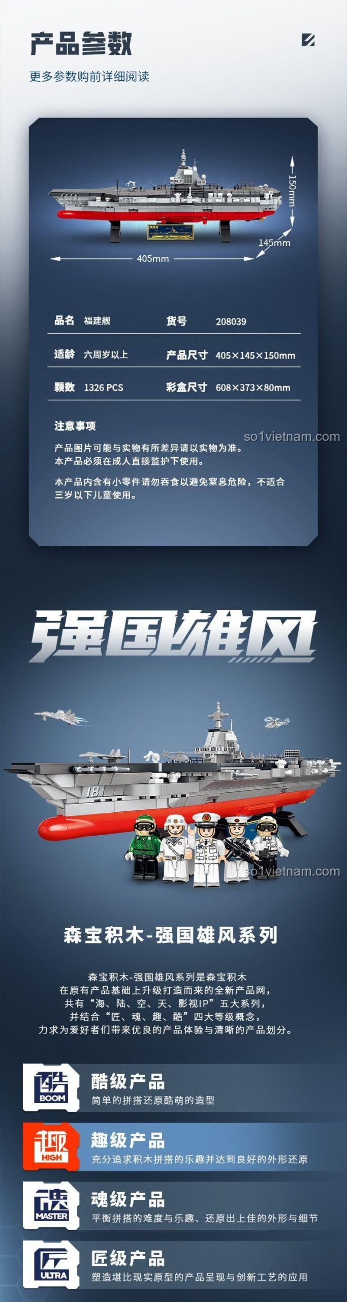 Kích thước mô hình Tàu Sân Bay Phúc Kiến SEMBO 208039 (40.5x14.5x15cm) và hộp (60.85x37.3x8cm), bộ lắp ghép 1326 chi tiết cho con trai 6 tuổi.
