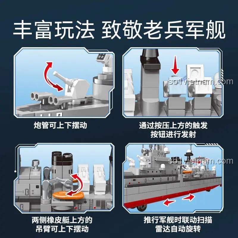 Các tính năng đa dạng của bộ lắp ghép SEMBO 208047 Tàu khu trục Harbin: pháo xoay, phóng tên lửa, cần cẩu di chuyển, radar tự động xoay, đồ chơi mô hình quân sự 610 mảnh.