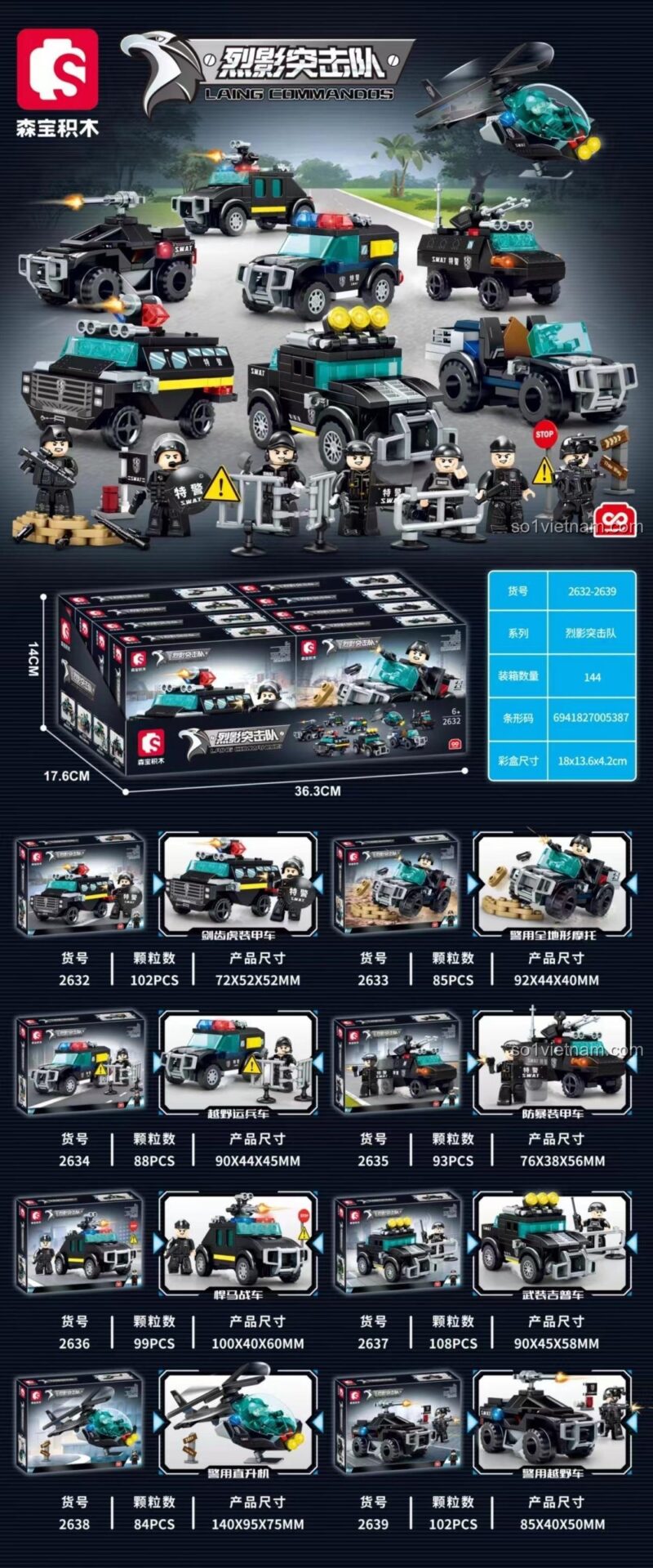 Bộ lắp ghép SEMBO 2634 Xe cảnh sát SWAT 88 mảnh, có minifigures, màu trắng xanh đen, phù hợp cho bé trai 6 tuổi