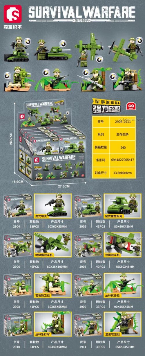 Hộp sản phẩm SEMBO 2910 Xe Jeep Quân Sự Survival Warfare, bộ đồ chơi lắp ráp xe quân đội cho bé trai 6 tuổi, có minifigure, chi tiết cao