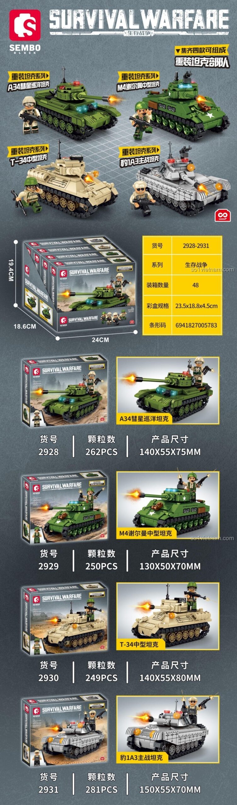 Các mẫu xe tăng trong bộ đồ chơi SEMBO 2930