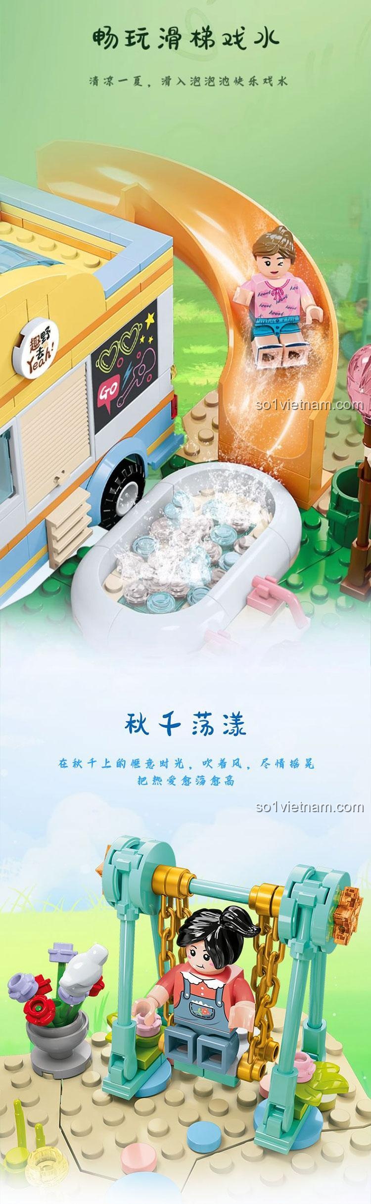 Khu vực cầu trượt và xích đu của đồ chơi xếp hình Khu vui chơi cắm trại SEMBO, mang lại niềm vui vận động.