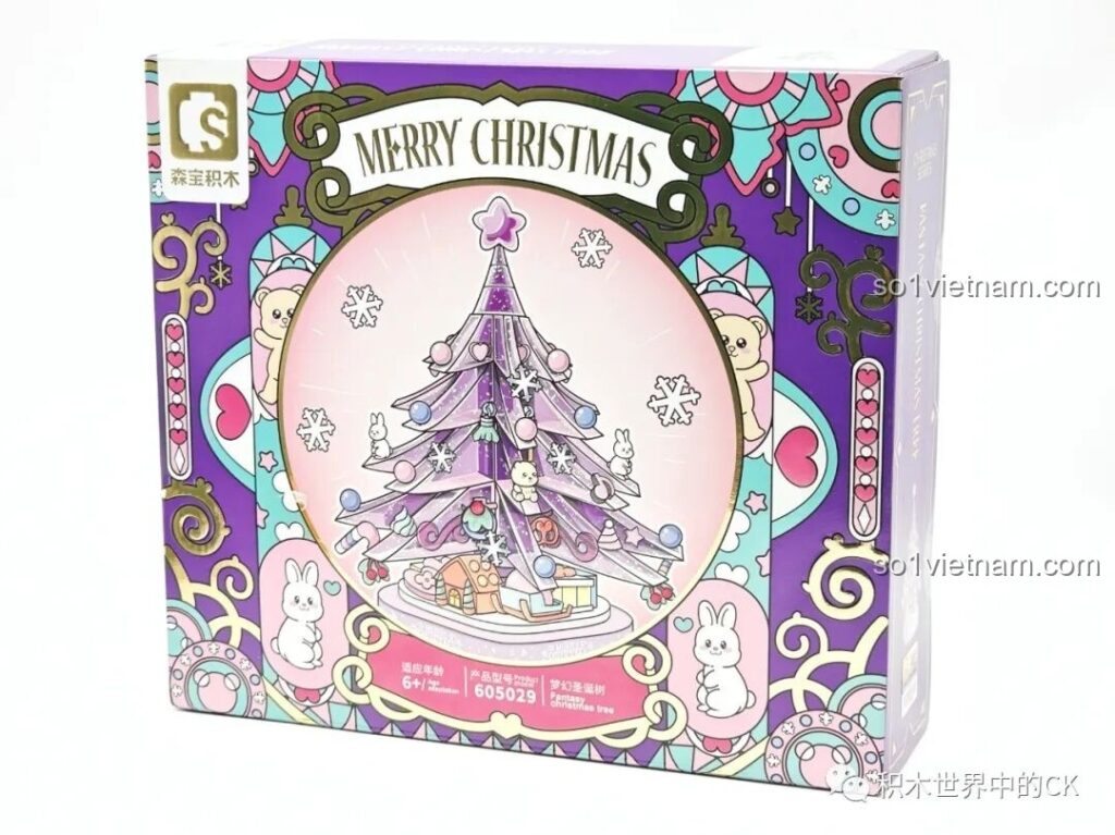 Hộp sản phẩm Cây Thông Giáng Sinh Mộng Mơ SEMBO 605029 với thiết kế Giáng sinh lung linh màu tím.