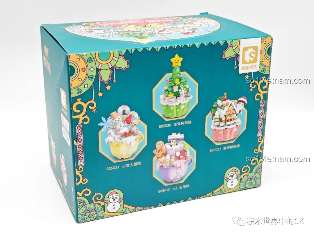 Mặt sau hộp SEMBO 605032 giới thiệu 4 mẫu bánh kem Giáng sinh