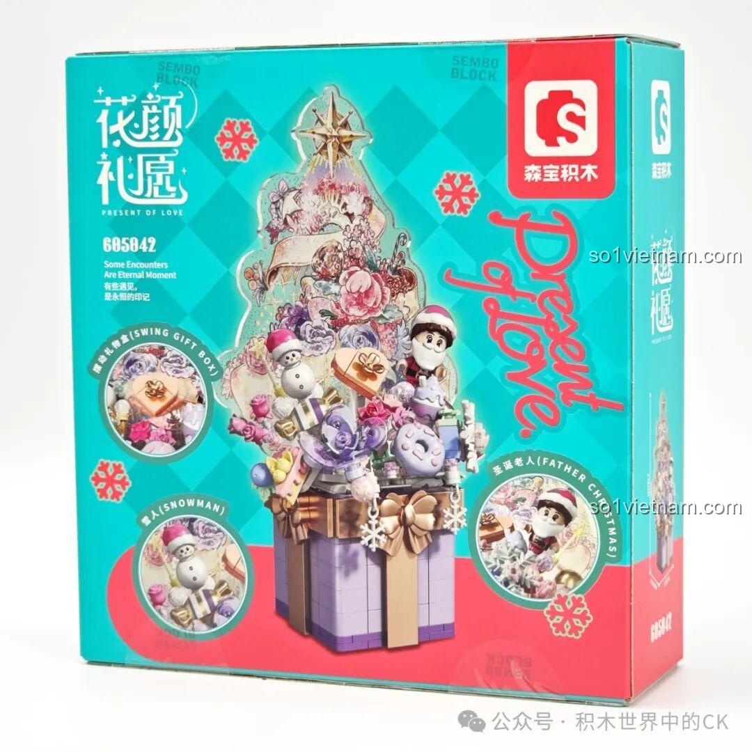 Hộp đồ chơi lắp ráp Sembo 605042 Cây Thông Lấp Lánh, mặt sau với các chi tiết và hình ảnh phụ.