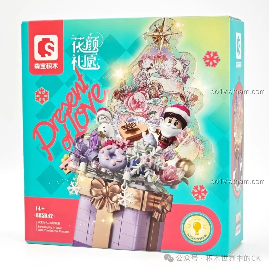 Bao bì phía trước của bộ đồ chơi lắp ráp SEMBO 605042 Present of Love, thiết kế hộp quà Giáng Sinh lớn.
