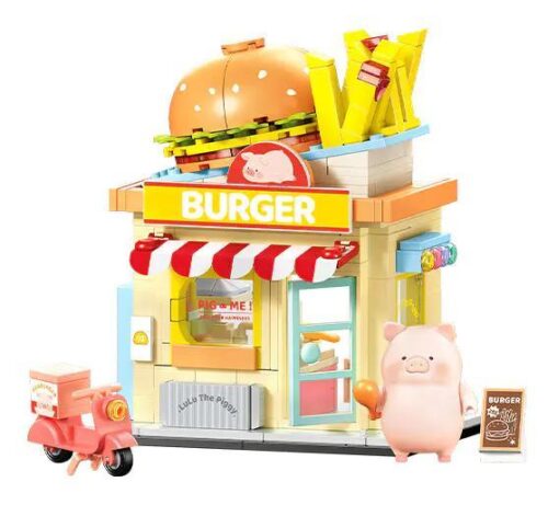 Toàn cảnh bộ lắp ghép Cửa hàng Burger của Heo LuLu Sembo 608073, một món đồ chơi mô hình giá rẻ cho bé gái 6 tuổi.