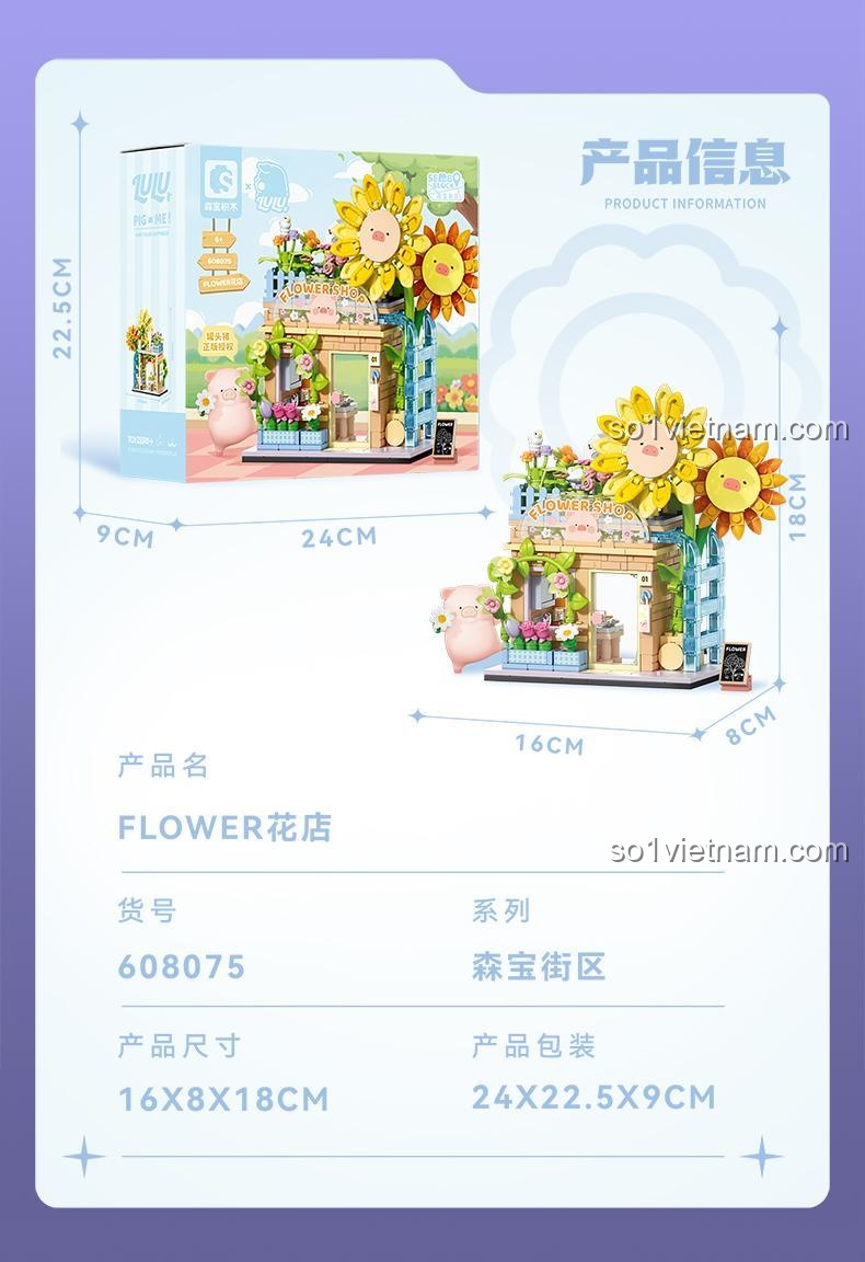 Các chi tiết nổi bật của bộ xếp hình Sembo 608075, bao gồm vườn hoa, nhà kính và nhân vật heo LuLu làm vườn.