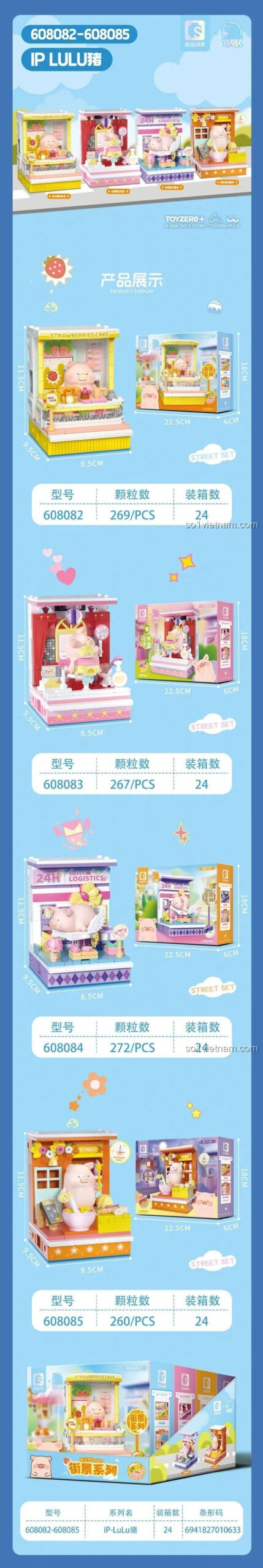 Kích thước chi tiết của bộ đồ chơi SEMBO 608085 Bếp Ma Thuật của Heo Lulu và các mô hình cùng series, giúp người mua hình dung rõ hơn về sản phẩm.