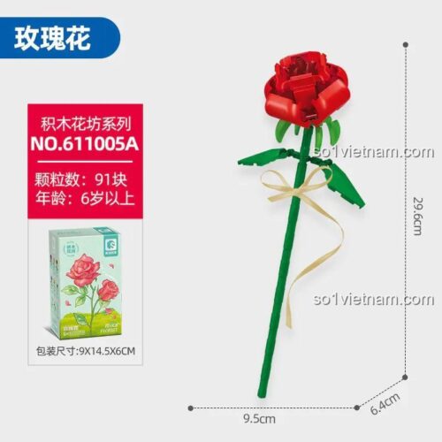 Mô hình Hoa Hồng SEMBO 611005A với kích thước chi tiết và hộp sản phẩm, 91 mảnh ghép, phù hợp bé gái 6 tuổi, giá rẻ