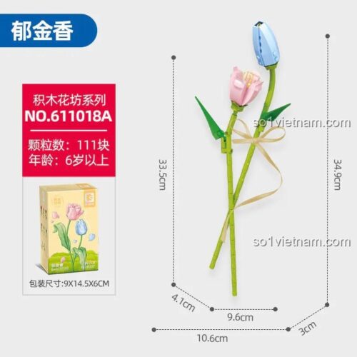 Hộp bộ lắp ghép Hoa Tulip SEMBO 611018, thể hiện kích thước chi tiết, đồ chơi xây dựng Sắc Màu Tươi Mới cho bé gái 6 tuổi