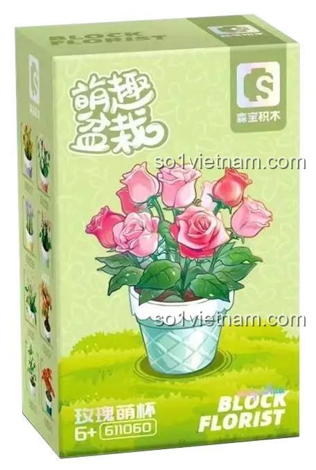 Hộp sản phẩm đồ chơi mô hình Sembo 611060 Cốc hoa hồng. Hộp màu xanh lá cây tươi mát, phù hợp làm quà tặng cho con gái.