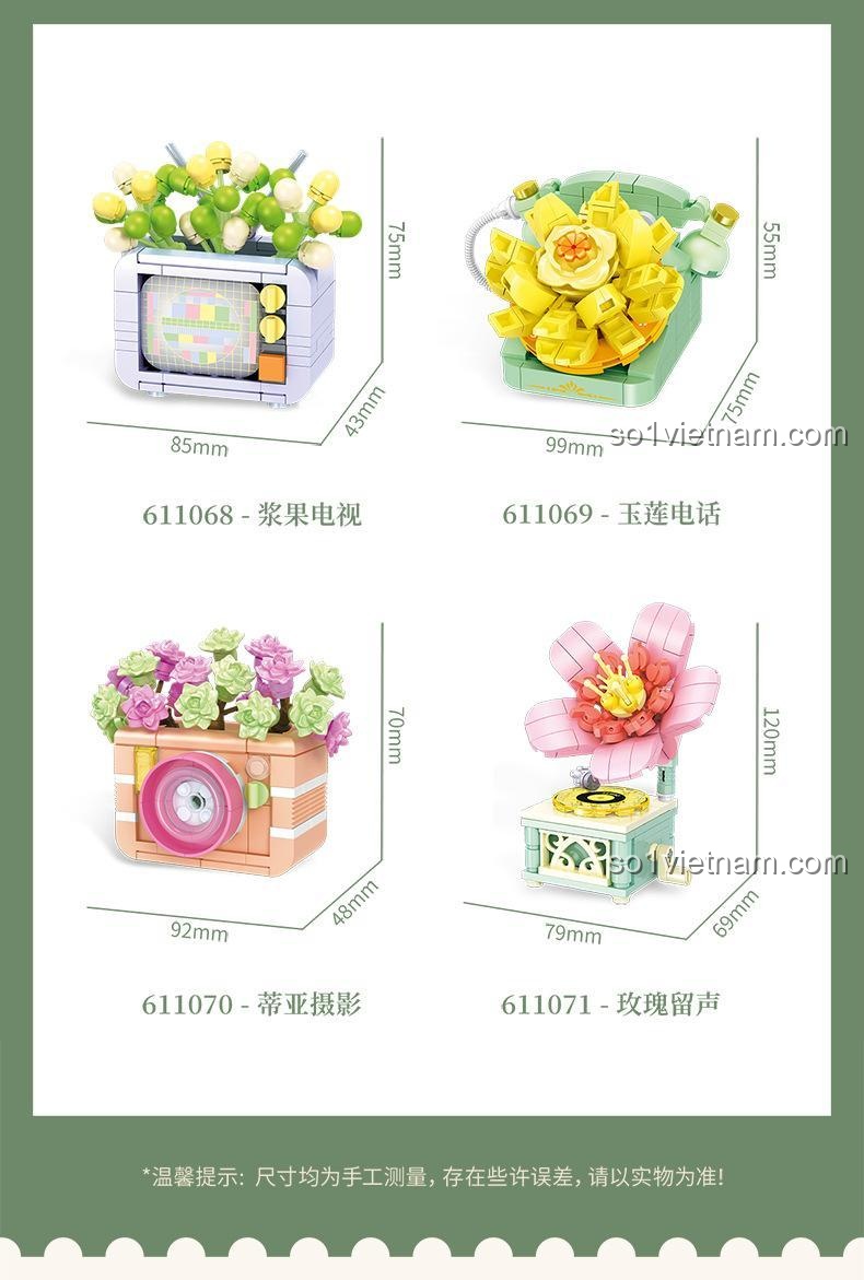 Kích thước các mẫu đồ chơi mô hình 611070 Máy ảnh retro trồng cây mọng nước và các mẫu khác