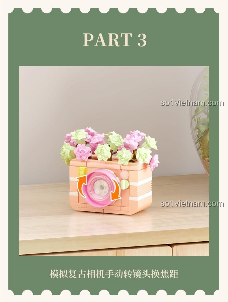 Chi tiết đồ chơi mô hình 611070 Máy ảnh retro trồng cây mọng nước với ống kính xoay
