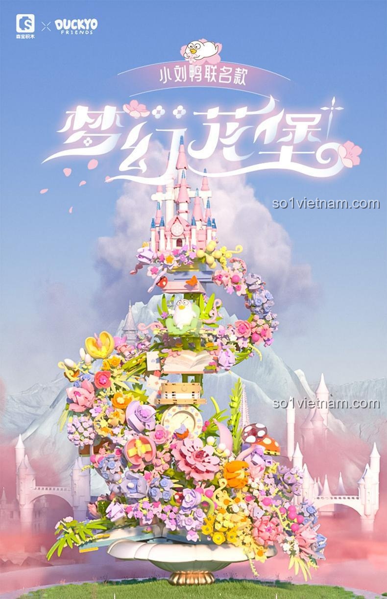 đồ chơi mô hình 611072 Lâu Đài Hoa Mộng Mơ Vịt Con Lưu, thiết kế thác hoa độc đáo, cho bé gái sáng tạo