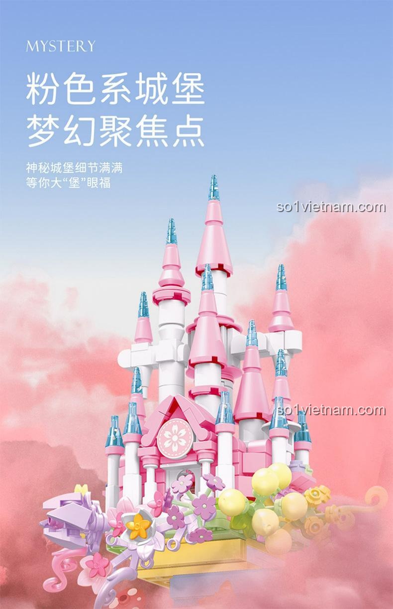 Lâu đài hồng chi tiết của bộ lắp ghép SEMBO 611072 Lâu Đài Hoa Mộng Mơ Vịt Con Lưu, điểm nhấn mơ mộng